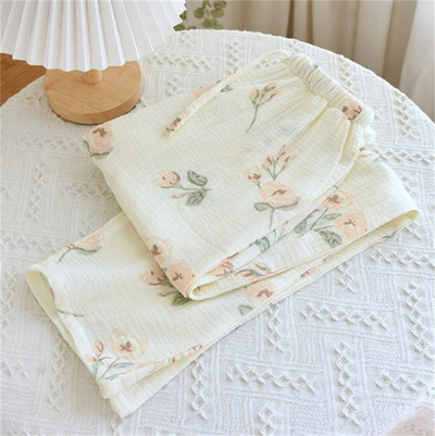 1gb Sieviešu pavasara vasaras kokvilnas kreppa apdrukātas pidžamas brīvas ikdienas bikses garās bikses mājas kostīms guļam apakšā meitenei dāvana