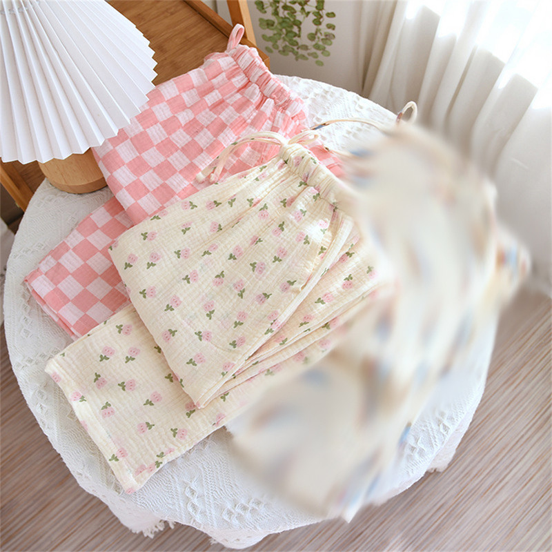 1gb Sieviešu pavasara vasaras kokvilnas kreppa apdrukātas pidžamas brīvas ikdienas bikses garās bikses mājas kostīms guļam apakšā meitenei dāvana