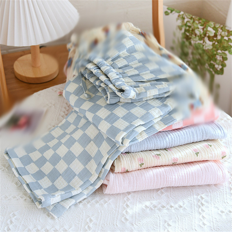 1gb Sieviešu pavasara vasaras kokvilnas kreppa apdrukātas pidžamas brīvas ikdienas bikses garās bikses mājas kostīms guļam apakšā meitenei dāvana