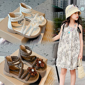 Rimske sandale za djevojčice, ljetne, smeđe, visoke cipele s cvjetićima, jednostruke cipele, bež, mekano dno, neklizajuće, dječje sandale za bebe, dječje cipele