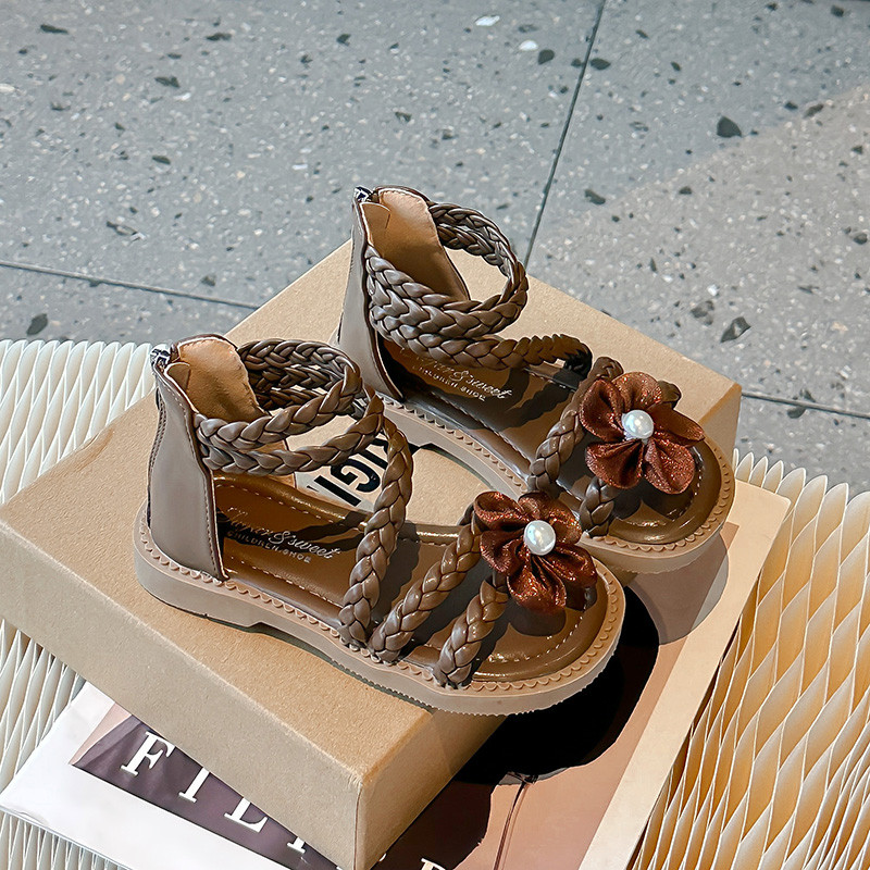 Rimske sandale za djevojčice, ljetne, smeđe, visoke cipele s cvjetićima, jednostruke cipele, bež, mekano dno, neklizajuće, dječje sandale za bebe, dječje cipele