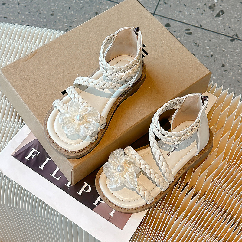 Rimske sandale za djevojčice, ljetne, smeđe, visoke cipele s cvjetićima, jednostruke cipele, bež, mekano dno, neklizajuće, dječje sandale za bebe, dječje cipele