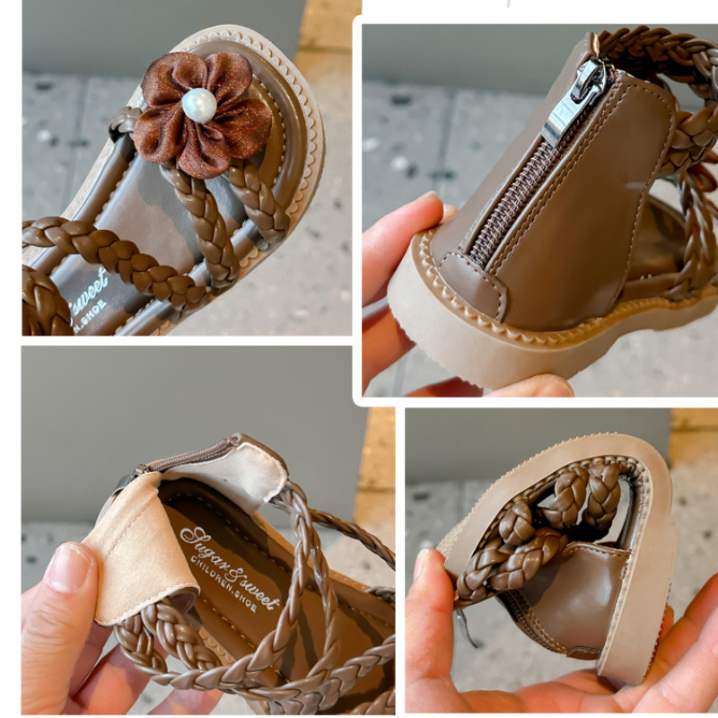 Rimske sandale za djevojčice, ljetne, smeđe, visoke cipele s cvjetićima, jednostruke cipele, bež, mekano dno, neklizajuće, dječje sandale za bebe, dječje cipele