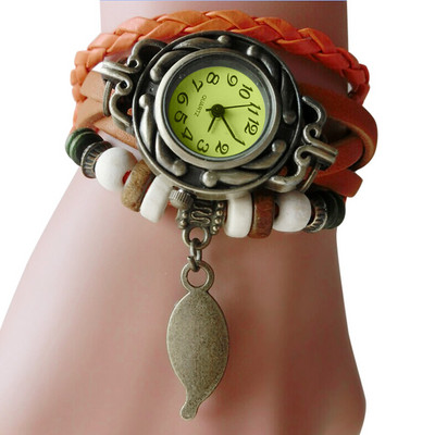 Jauni rokassprādzes pulksteņi sievietēm Retro ādas lapu kulonu pulksteņu tinumu rokassprādzes aksesuāri dāvanai Relogio Feminino Dropshipping
