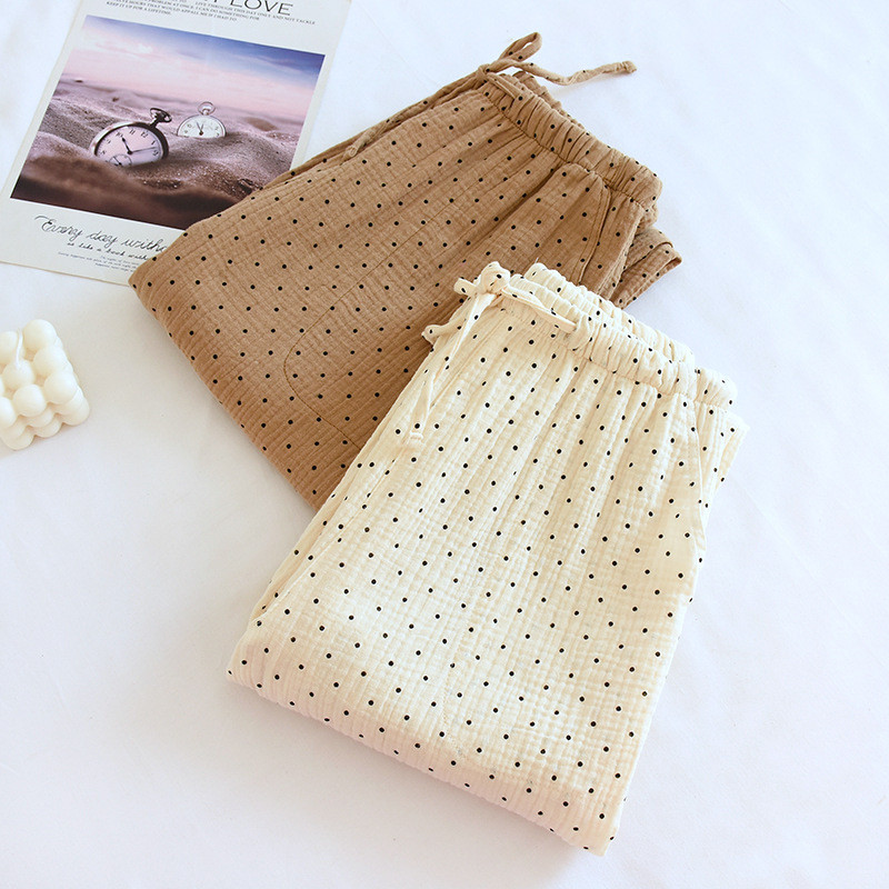 2023. gada jauns 100% kokvilnas marles guļambikses Sieviešu kokvilnas garās pidžamas bikses Sieviešu atpūtas apģērbs ar punktveida druku rudens ziemas brīvas bikses