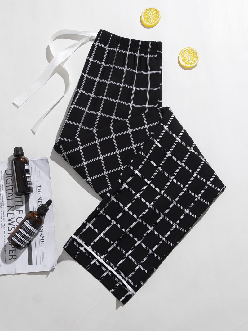 Pavasara sieviešu miega bikses, melns rūtains elastīgs aukliņš viduklis Naktsveļa bikses guļamveļa pilna garuma atpūtas telpa mājas audums