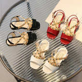 Sandale pentru fetiță Nituri cu curele încrucișate de lux Vară pentru copii Glisoare cu vârful pătrat Morden 21-30 din piele PU pantofi copii cu buclă cu cârlig