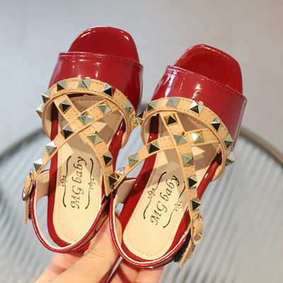 Sandale pentru fetiță Nituri cu curele încrucișate de lux Vară pentru copii Glisoare cu vârful pătrat Morden 21-30 din piele PU pantofi copii cu buclă cu cârlig