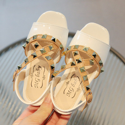 Sandale pentru fetiță Nituri cu curele încrucișate de lux Vară pentru copii Glisoare cu vârful pătrat Morden 21-30 din piele PU pantofi copii cu buclă cu cârlig