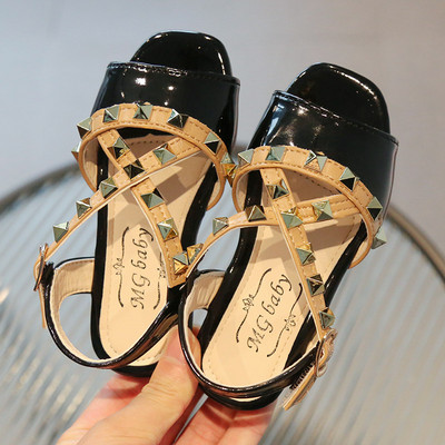 Sandale pentru fetiță Nituri cu curele încrucișate de lux Vară pentru copii Glisoare cu vârful pătrat Morden 21-30 din piele PU pantofi copii cu buclă cu cârlig