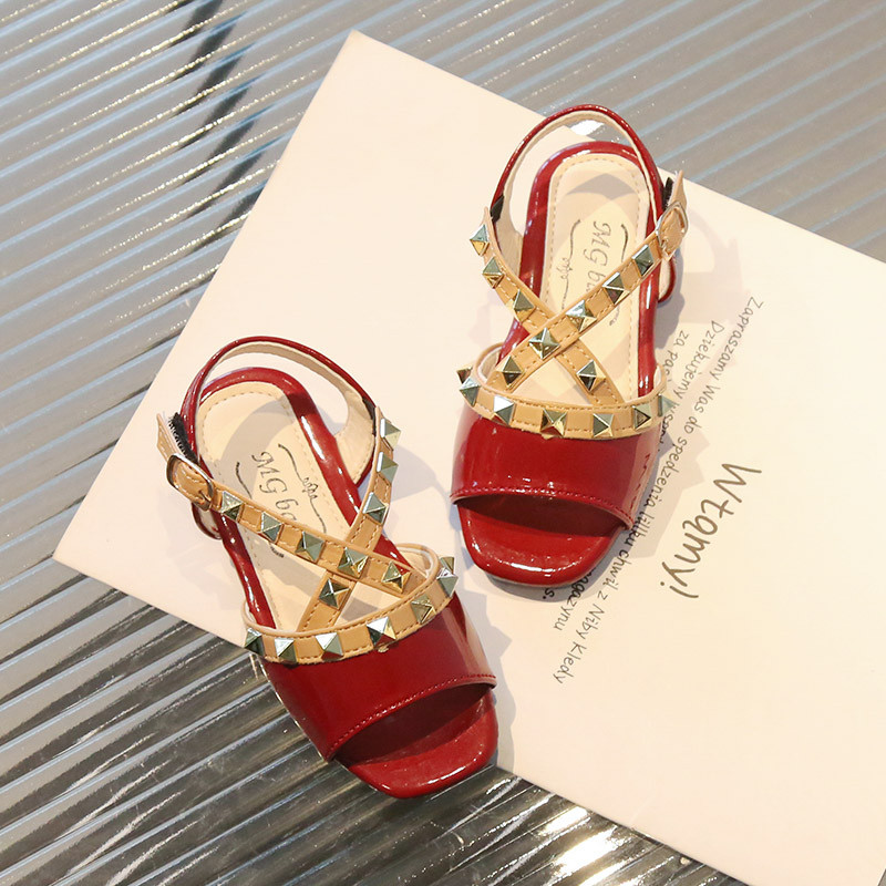 Sandale pentru fetiță Nituri cu curele încrucișate de lux Vară pentru copii Glisoare cu vârful pătrat Morden 21-30 din piele PU pantofi copii cu buclă cu cârlig