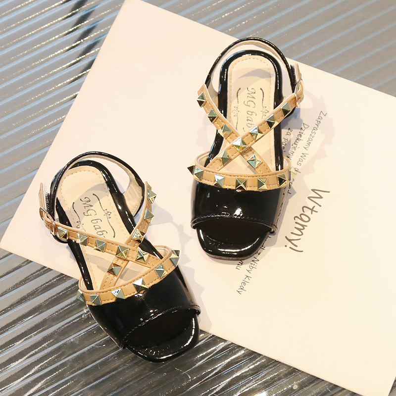 Sandale pentru fetiță Nituri cu curele încrucișate de lux Vară pentru copii Glisoare cu vârful pătrat Morden 21-30 din piele PU pantofi copii cu buclă cu cârlig