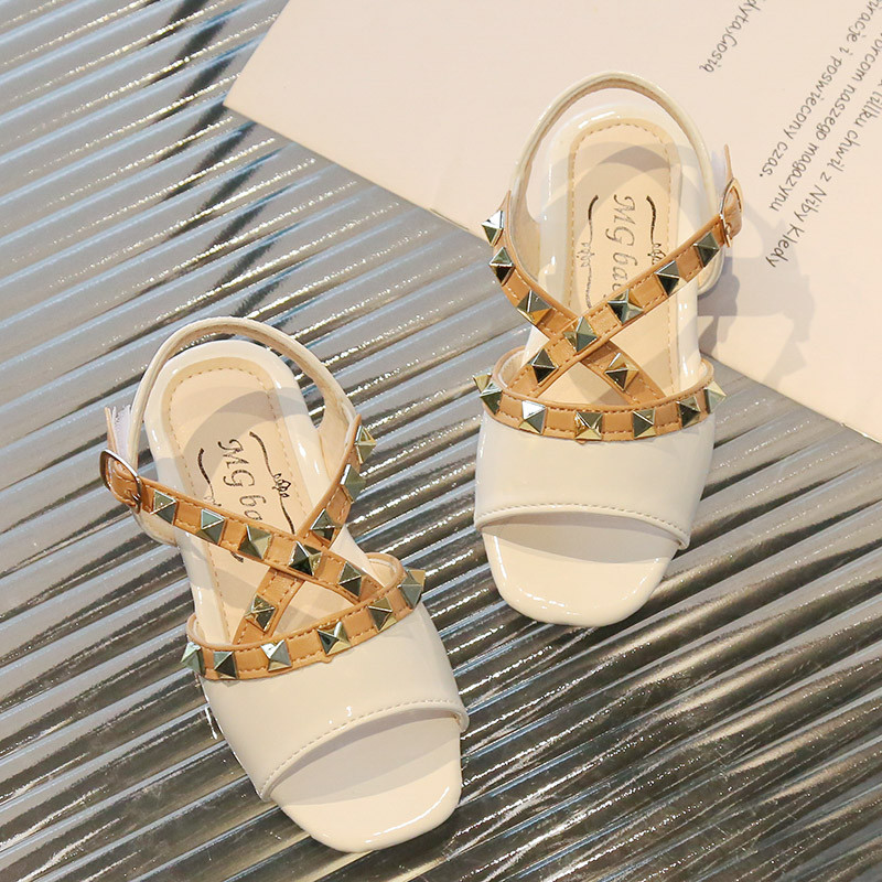 Sandale pentru fetiță Nituri cu curele încrucișate de lux Vară pentru copii Glisoare cu vârful pătrat Morden 21-30 din piele PU pantofi copii cu buclă cu cârlig