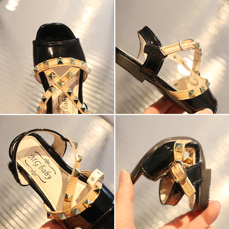 Sandale pentru fetiță Nituri cu curele încrucișate de lux Vară pentru copii Glisoare cu vârful pătrat Morden 21-30 din piele PU pantofi copii cu buclă cu cârlig