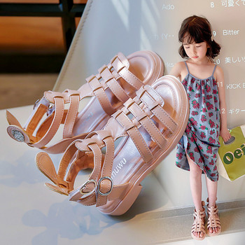 Римски сандали за момичета, плетени с отворени пръсти, едноцветни високи семпли нови летни кухи плоски ежедневни обувки Детска мода, ежедневни