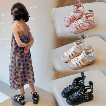 Римски сандали за момичета, плетени с отворени пръсти, едноцветни високи семпли нови летни кухи плоски ежедневни обувки Детска мода, ежедневни