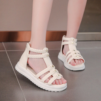Римски сандали за момичета, плетени с отворени пръсти, едноцветни, високи, прости нитове, нови летни кухи плоски ежедневни обувки, детска мода, ежедневни