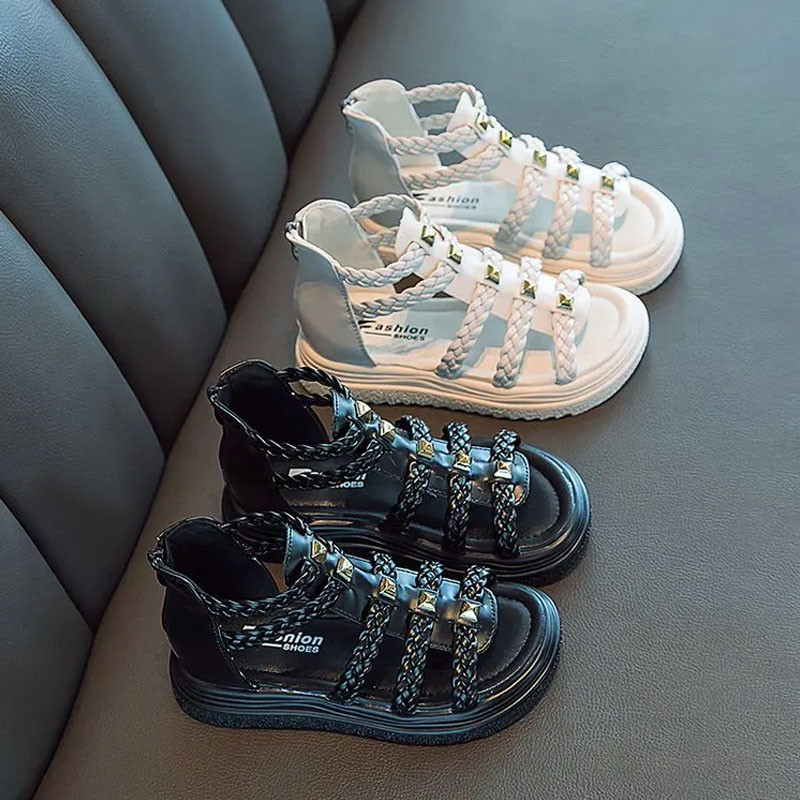 2024. gada vasara, jaunā meiteņu modes romiešu pludmales sandales Princeses kurpes Bērnu sandales, meitenēm piemērotas sandales ar atvērtu purngalu