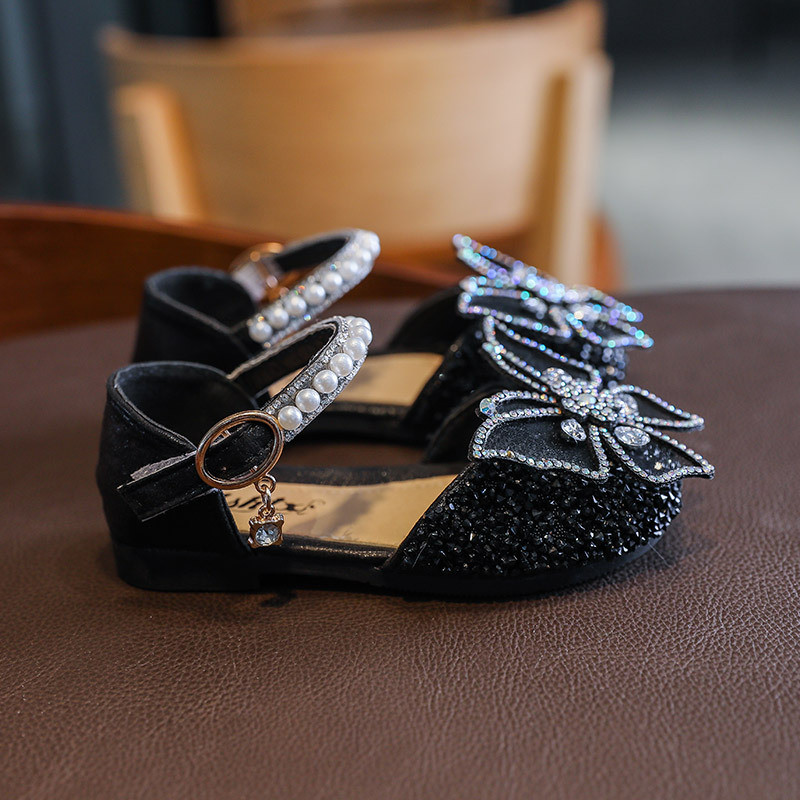 Meiteņu apavi ar fliteriem, mežģīņu banti bērniem, meitenēm, mīļām pērļu princesēm, dejām, viena brīva laika apavi, 2023. gada jauni bērnu ballītes kāzu apavi D721