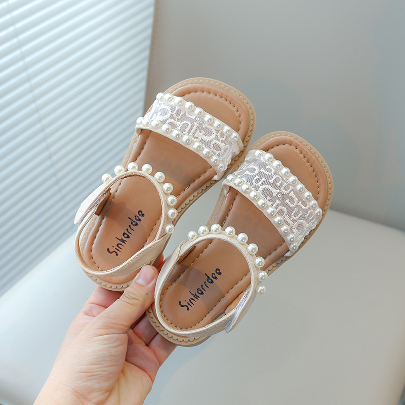 Meiteņu Sandales Bērnu Vasaras Kurpes Bērnu Pludmales Sandales ar Pērlēm Princess Sweet Pretslīdēšanas Atvērti Toes Mežģīnes Chic Beading