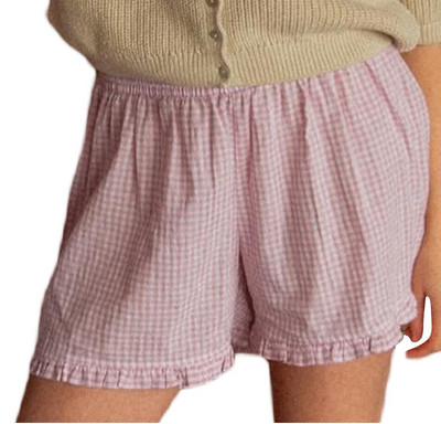 Sieviešu vasaras elastīgās jostasvietas rūtaini šorti ikdienišķa modes brīva, volānveida apakšmala, uzplaiksnīta, īsas bikses Ielu apģērbi, guļamvietas