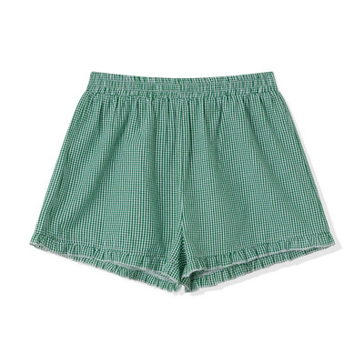 Sieviešu vasaras elastīgās jostasvietas rūtaini šorti ikdienišķa modes brīva, volānveida apakšmala, uzplaiksnīta, īsas bikses Ielu apģērbi, guļamvietas