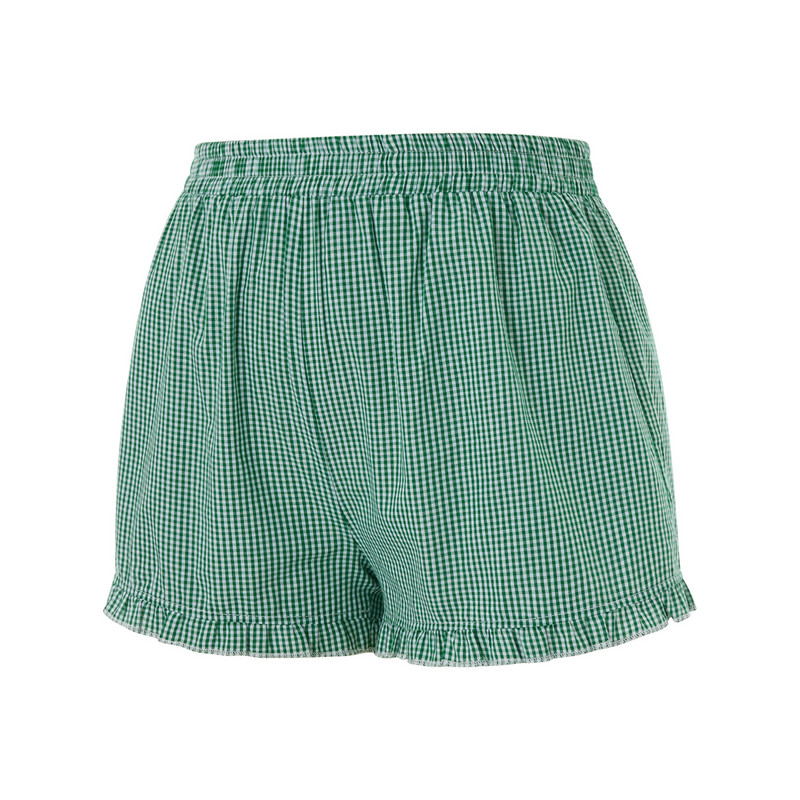 Sieviešu vasaras elastīgās jostasvietas rūtaini šorti ikdienišķa modes brīva, volānveida apakšmala, uzplaiksnīta, īsas bikses Ielu apģērbi, guļamvietas
