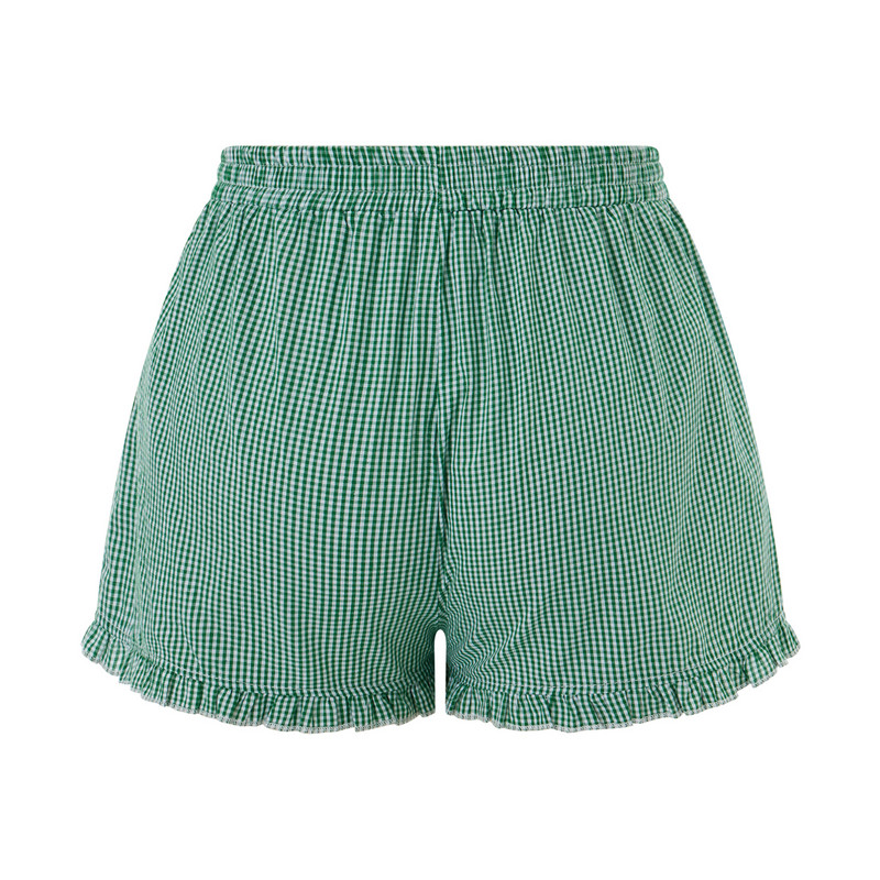 Sieviešu vasaras elastīgās jostasvietas rūtaini šorti ikdienišķa modes brīva, volānveida apakšmala, uzplaiksnīta, īsas bikses Ielu apģērbi, guļamvietas
