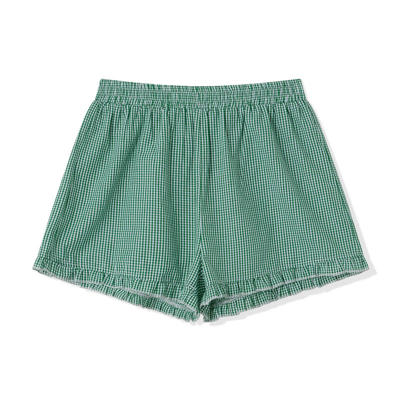 Sieviešu vasaras elastīgās jostasvietas rūtaini šorti ikdienišķa modes brīva, volānveida apakšmala, uzplaiksnīta, īsas bikses Ielu apģērbi, guļamvietas