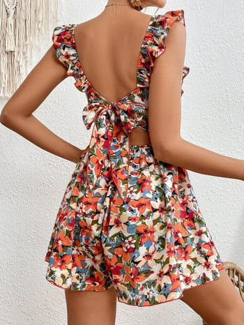 Boho Floral Print Παντελόνι με μεγάλο πόδι Γυναικεία φόρμα 2024 Σέξι εξώπλατα βολάν Αμάνικα μπλούζες Casual Loose Lace Up Playsuits