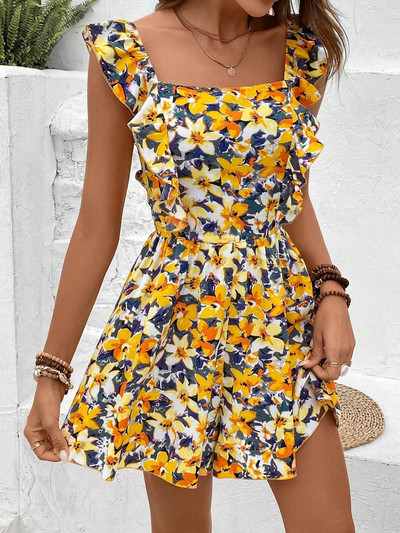 Boho Floral Print Παντελόνι με μεγάλο πόδι Γυναικεία φόρμα 2024 Σέξι εξώπλατα βολάν Αμάνικα μπλούζες Casual Loose Lace Up Playsuits