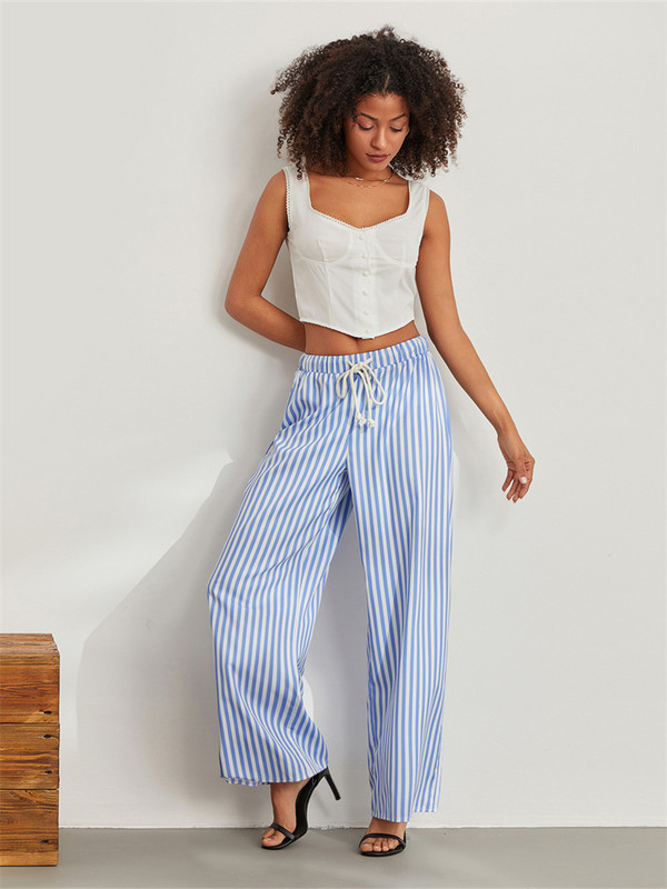 Y2K Vintage női lányok csíkos kockás pizsama nadrág széles szárú Gingham nappali nadrág magas derekú csíkos mintás Pj alsó nadrág