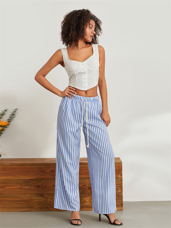 Y2K Vintage női lányok csíkos kockás pizsama nadrág széles szárú Gingham nappali nadrág magas derekú csíkos mintás Pj alsó nadrág