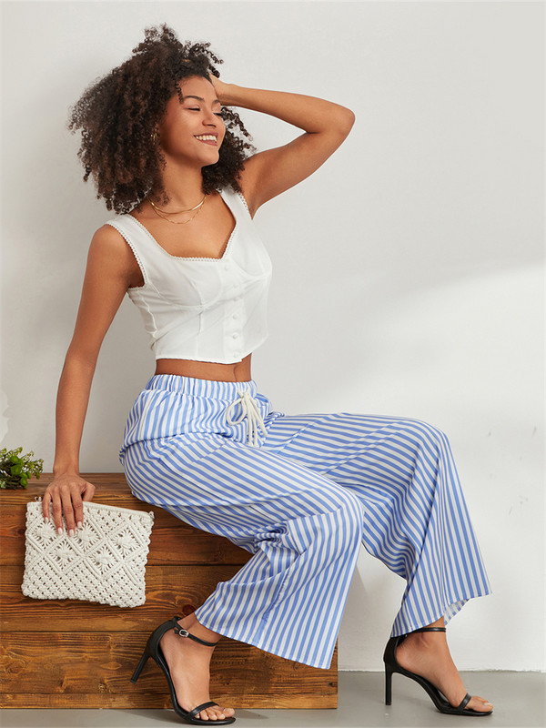 Y2K Vintage női lányok csíkos kockás pizsama nadrág széles szárú Gingham nappali nadrág magas derekú csíkos mintás Pj alsó nadrág