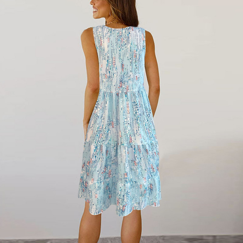 Ikdienišķa Bohēmijas pludmales kleita vasaras laikā bez piedurknēm, brīvi pieguļoša kleita līdz ceļgalam, sieviešu kleita ar apdruku brīvdienām