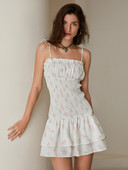 wsevypo Vasaras ziedu apdruka, piesieta, spageti siksniņas, mini kleita sievietēm, meitenes bez piedurknēm, smēķēta kleita bez lencītēm, volāniem