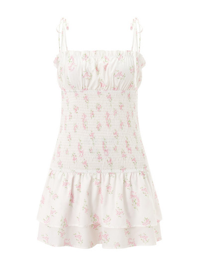 wsevypo Vasaras ziedu apdruka, piesieta, spageti siksniņas, mini kleita sievietēm, meitenes bez piedurknēm, smēķēta kleita bez lencītēm, volāniem