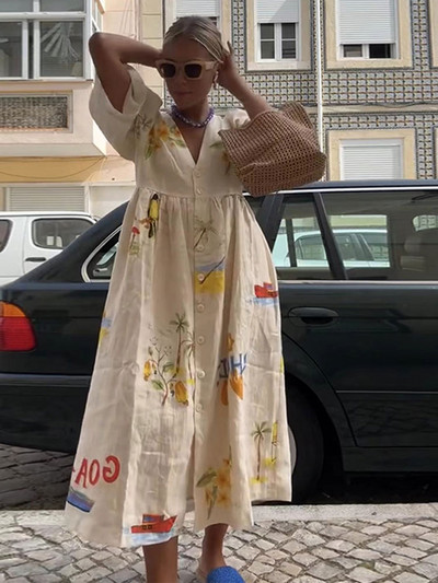 Sieviešu elegants, grafiti apdruka, mežģīņotā midi kleita Eleganta kleita ar atloku ar īsām piedurknēm, 2024. gada jauni sieviešu brīvdienu vestidi