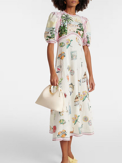 Sieviešu elegants, grafiti apdruka, mežģīņotā midi kleita Eleganta kleita ar atloku ar īsām piedurknēm, 2024. gada jauni sieviešu brīvdienu vestidi