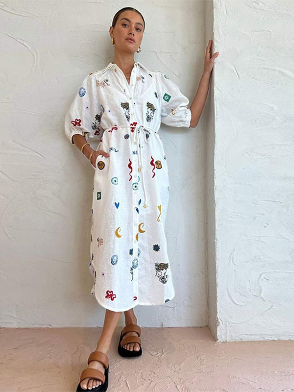 Sieviešu elegants, grafiti apdruka, mežģīņotā midi kleita Eleganta kleita ar atloku ar īsām piedurknēm, 2024. gada jauni sieviešu brīvdienu vestidi