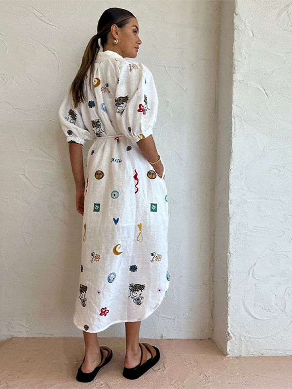 Sieviešu elegants, grafiti apdruka, mežģīņotā midi kleita Eleganta kleita ar atloku ar īsām piedurknēm, 2024. gada jauni sieviešu brīvdienu vestidi