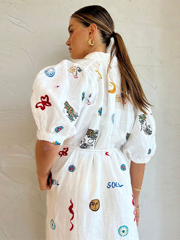 Sieviešu elegants, grafiti apdruka, mežģīņotā midi kleita Eleganta kleita ar atloku ar īsām piedurknēm, 2024. gada jauni sieviešu brīvdienu vestidi