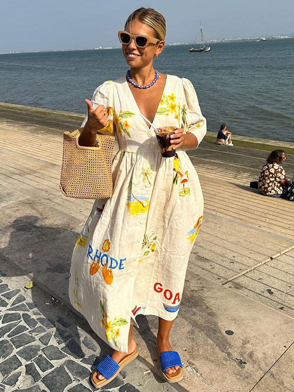 Sieviešu elegants, grafiti apdruka, mežģīņotā midi kleita Eleganta kleita ar atloku ar īsām piedurknēm, 2024. gada jauni sieviešu brīvdienu vestidi