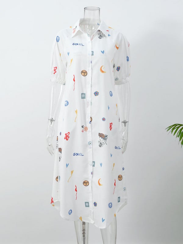 Sieviešu elegants, grafiti apdruka, mežģīņotā midi kleita Eleganta kleita ar atloku ar īsām piedurknēm, 2024. gada jauni sieviešu brīvdienu vestidi