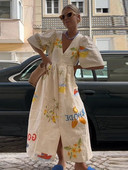 Elegáns, nyomott ruha, V-nyakú, felfújható ujjú, bő női midi ruhák 2024-es nyári szünidőre, alkalmi női pamut A-vonalú ruhák