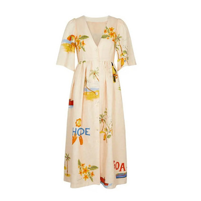 Elegáns, nyomott ruha, V-nyakú, felfújható ujjú, bő női midi ruhák 2024-es nyári szünidőre, alkalmi női pamut A-vonalú ruhák