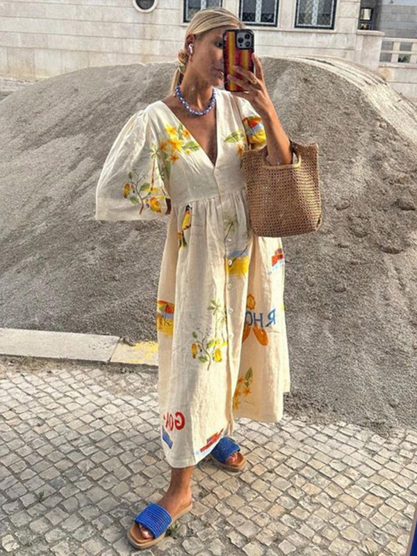 Elegáns, nyomott ruha, V-nyakú, felfújható ujjú, bő női midi ruhák 2024-es nyári szünidőre, alkalmi női pamut A-vonalú ruhák