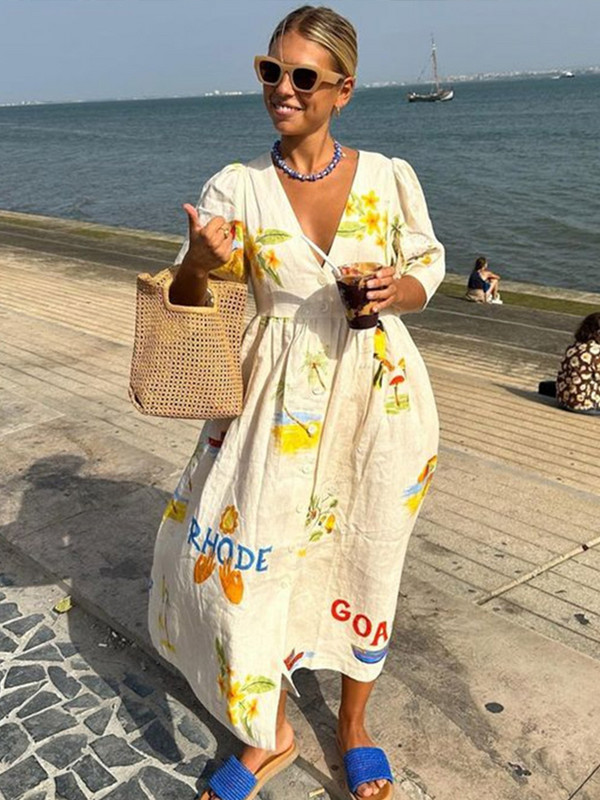 Elegáns, nyomott ruha, V-nyakú, felfújható ujjú, bő női midi ruhák 2024-es nyári szünidőre, alkalmi női pamut A-vonalú ruhák