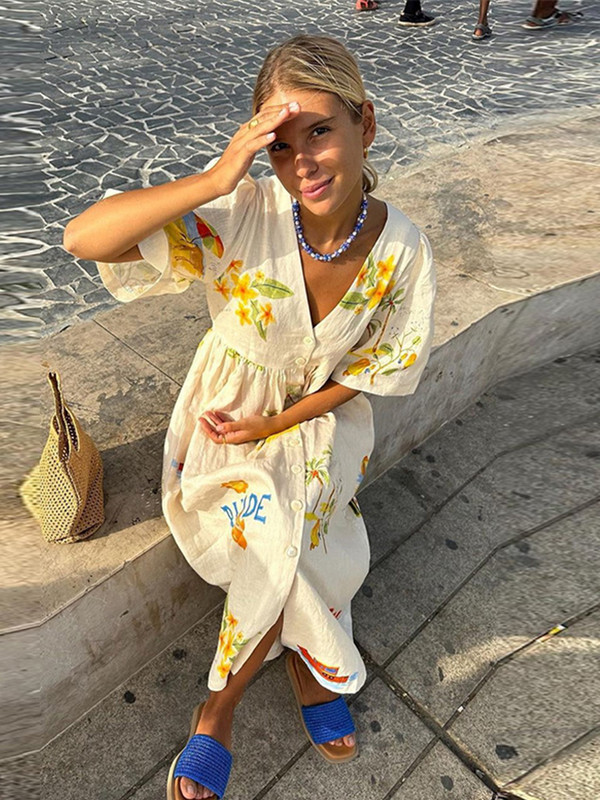 Elegáns, nyomott ruha, V-nyakú, felfújható ujjú, bő női midi ruhák 2024-es nyári szünidőre, alkalmi női pamut A-vonalú ruhák