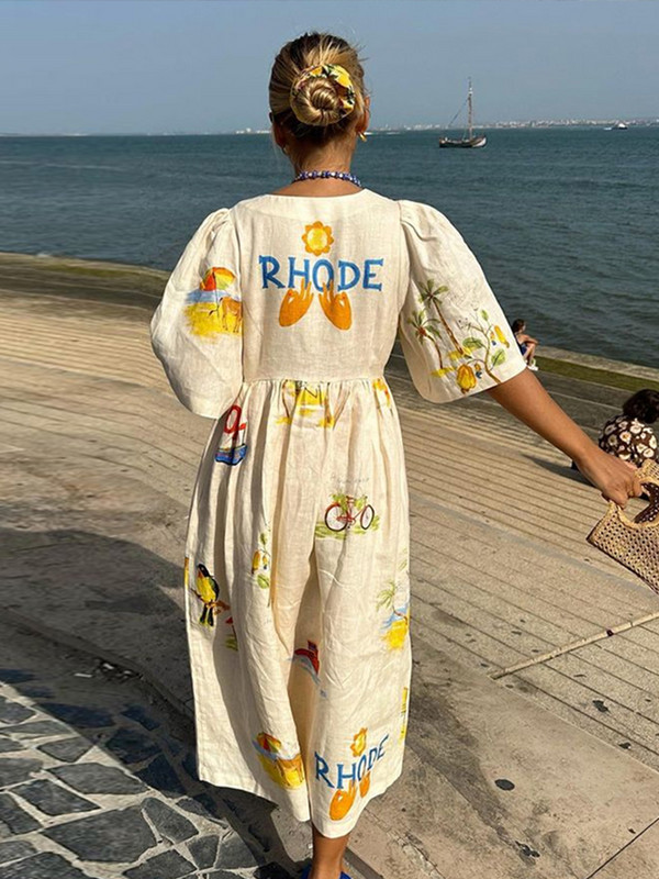 Elegáns, nyomott ruha, V-nyakú, felfújható ujjú, bő női midi ruhák 2024-es nyári szünidőre, alkalmi női pamut A-vonalú ruhák